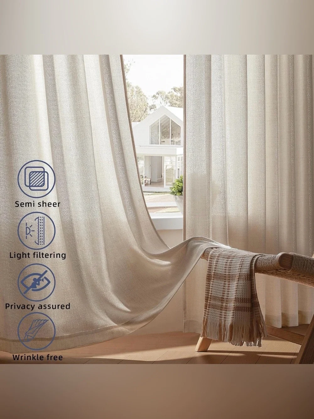 Beige 98” L x 54” W Curtains Drapes 2 Panel Set Semi Sheer NWOT